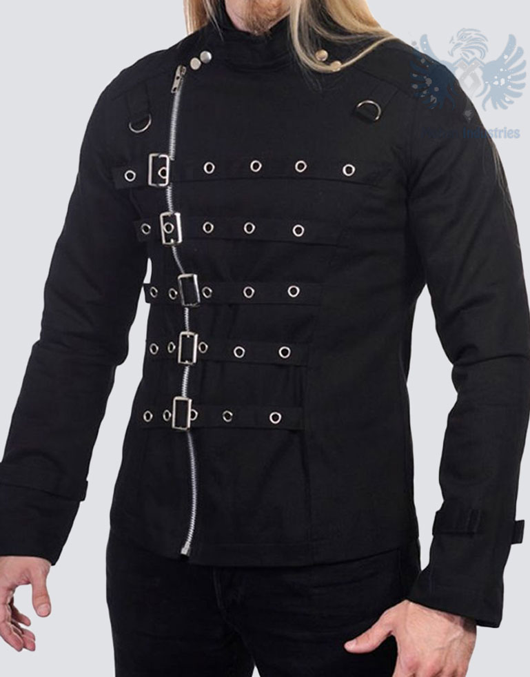 Asylum Vampire Men Gothic Black Jacket Metal Strap Buckle Jacket 525 