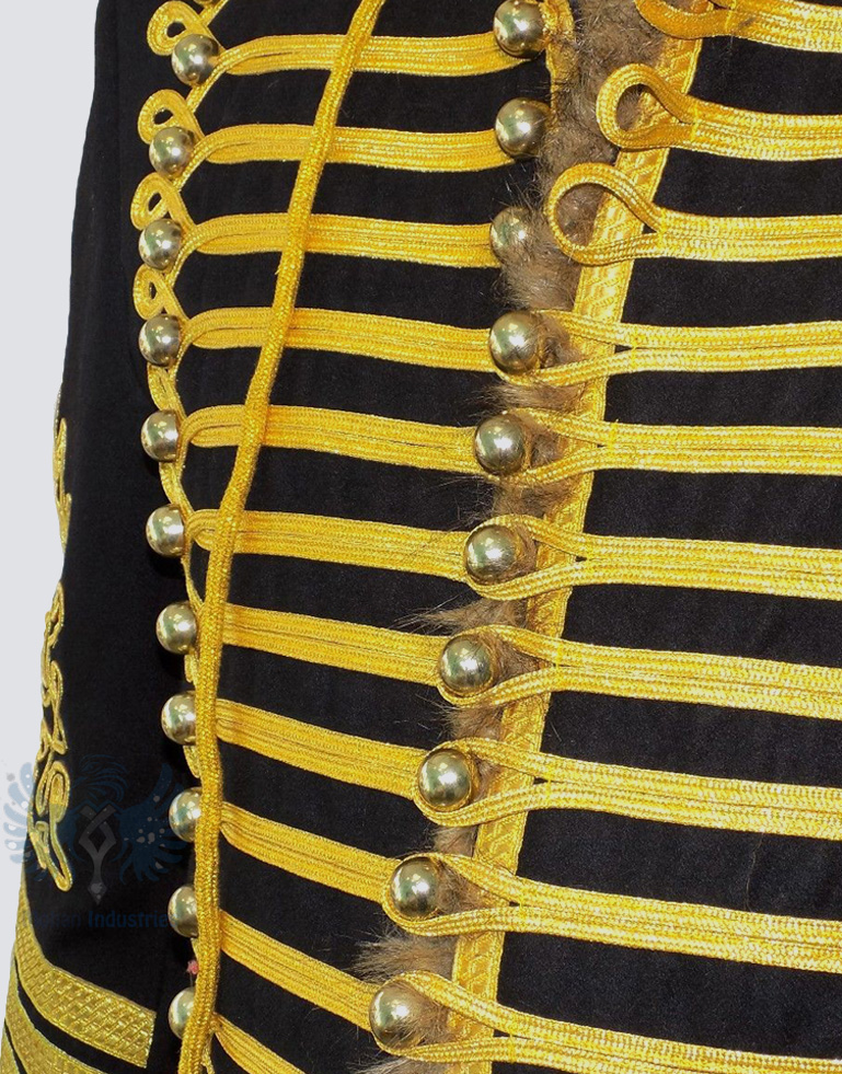 men’s-black-gold-hussar-steampunk-parade-jacket-faux-fur-closeup
